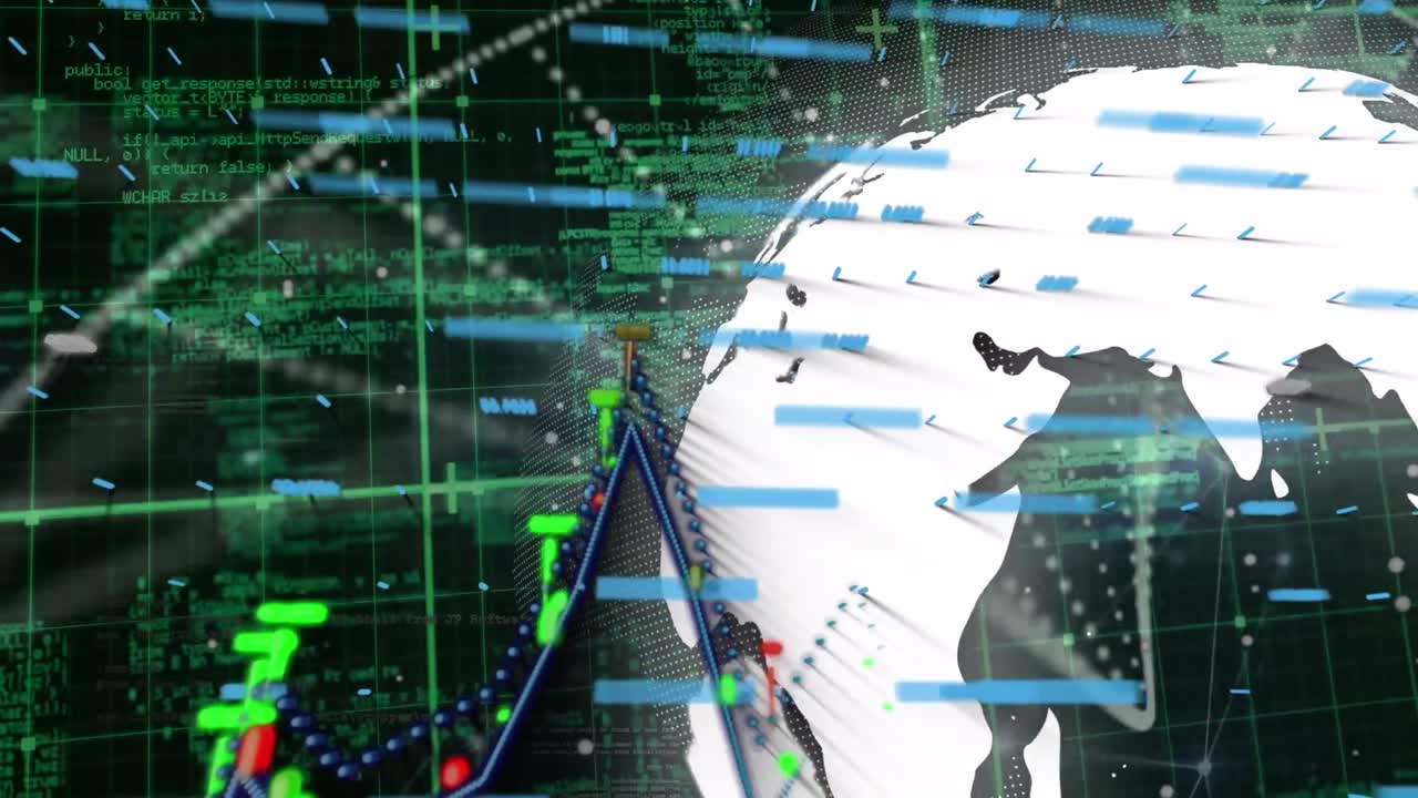 검은색 바탕에 그래프, 아이콘, 글로브 및 데이터 처리의 애니메이션