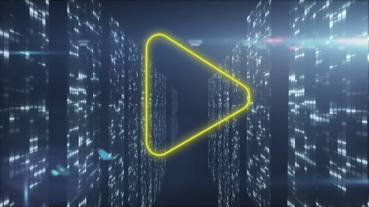 Neon yellow play button animating over futuristic digital cityscape background