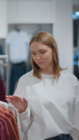 mujer navegando por la tienda de ropa, examinando las tapas vibrantes en los estantes con señales de venta en el fondo, el entorno minorista moderno muestra ropa elegante