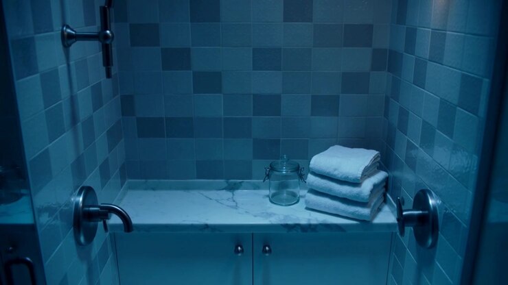 Pushing camera slowly tightening on built-in marble bench in small bathroom to show towels and jar