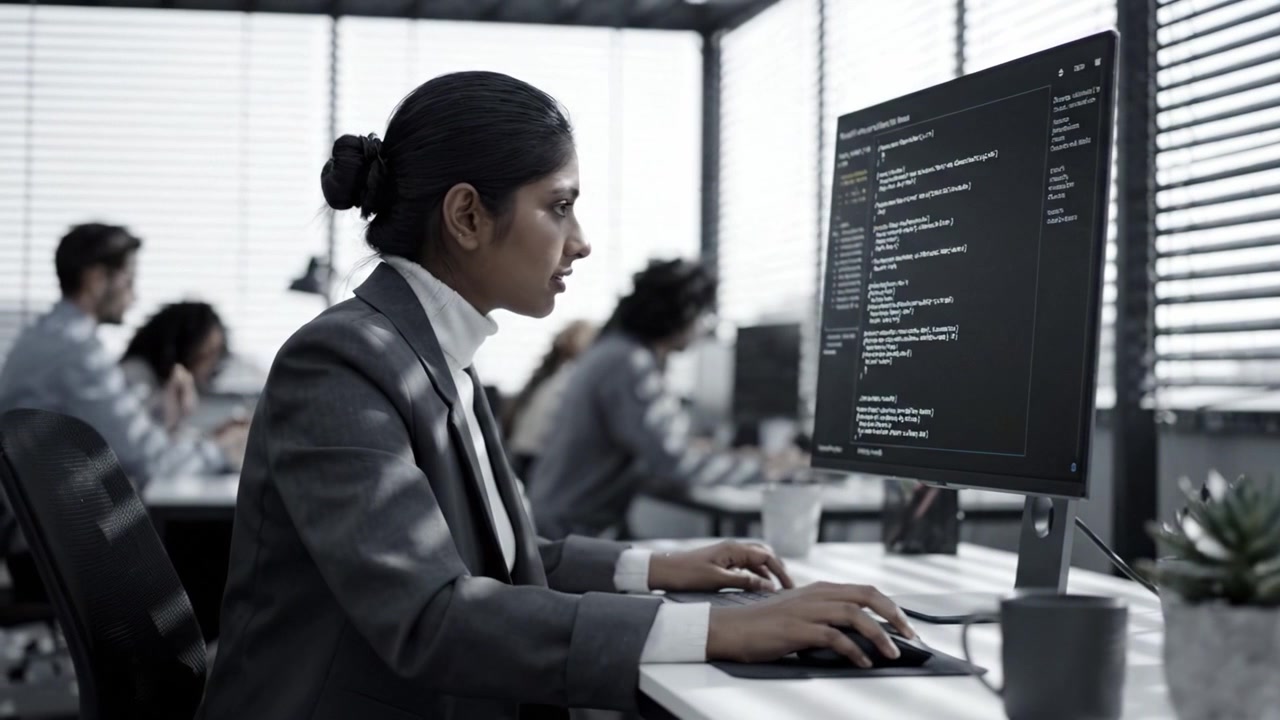 Focused Programmer Analyzing Code in Modern Office Setting with Natural Light Filtering through Blinds, Capturing a Productive Work Environment