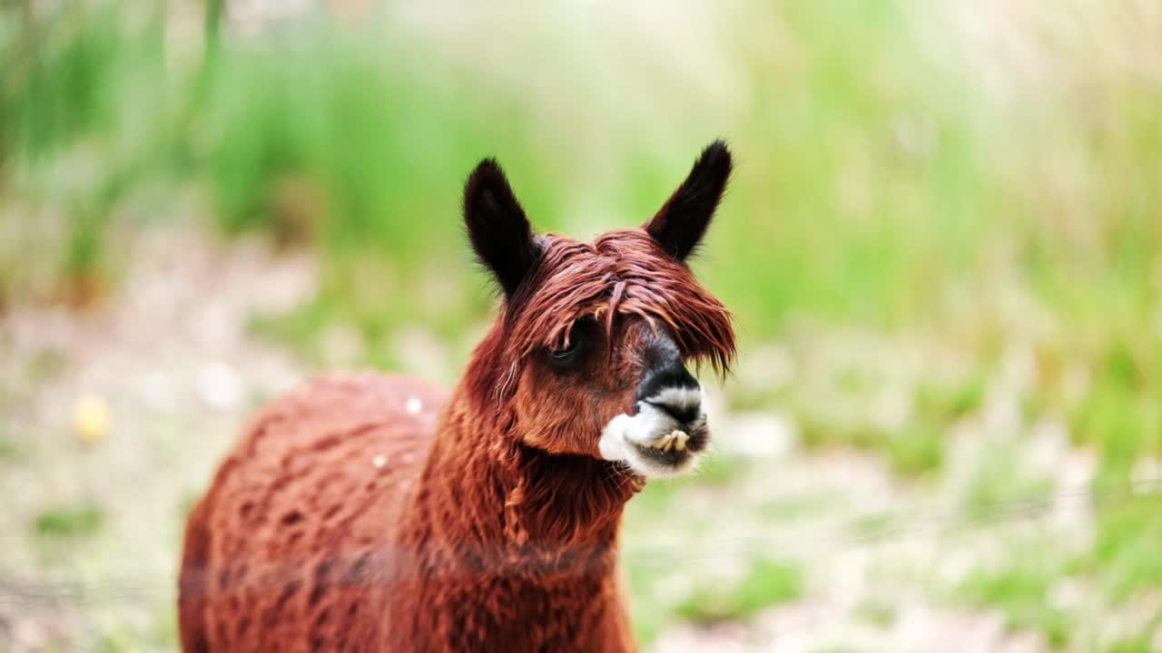 A brown alpaca with protruding teeth approaches a fence to take an apple from a person then runs away