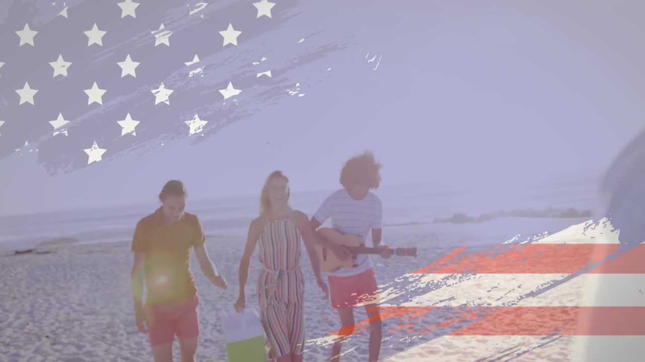 Animation of american flag design over group of diverse friends enjoying at the beach