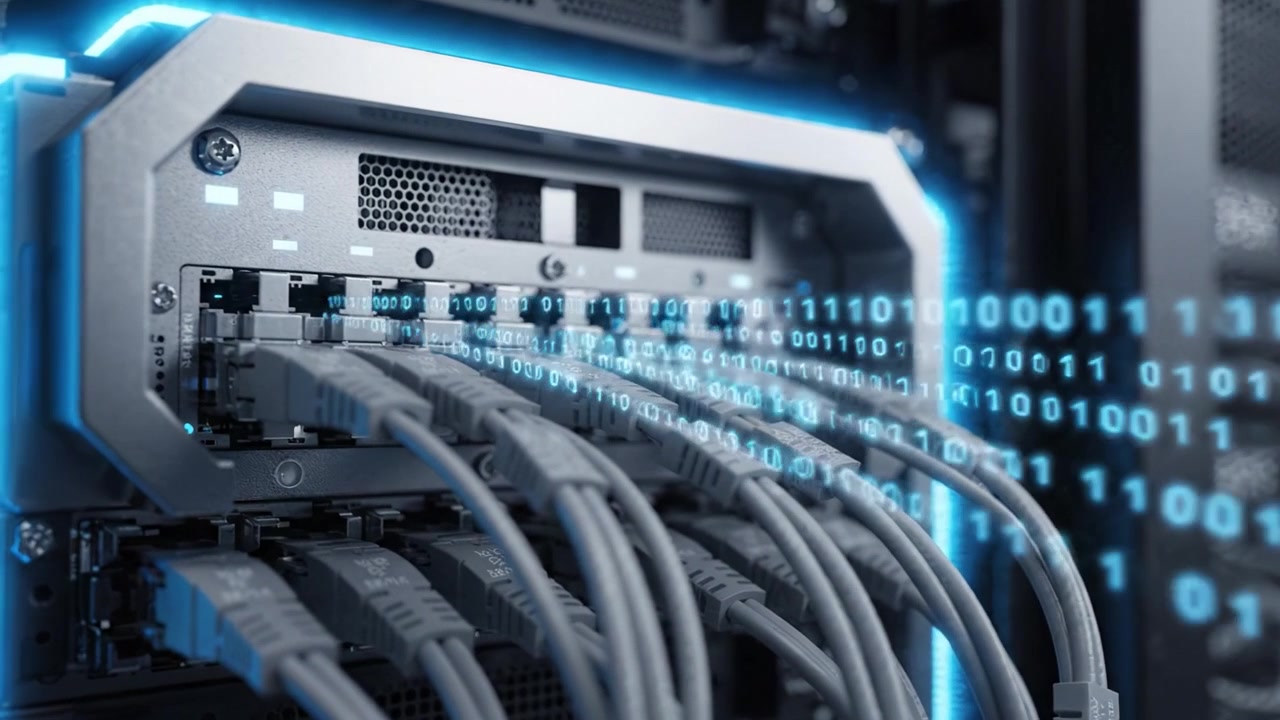 Network Connections and Data Transmission in a Modern Server Environment Visible in a Data Center Showcasing High-Tech Infrastructure and Cable Management