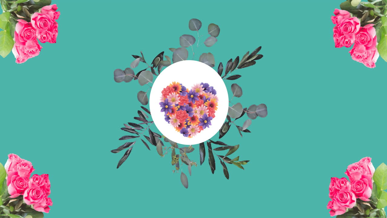 초록색 배경에서 최면 운동으로 움직이는 꽃의 심장의 애니메이션