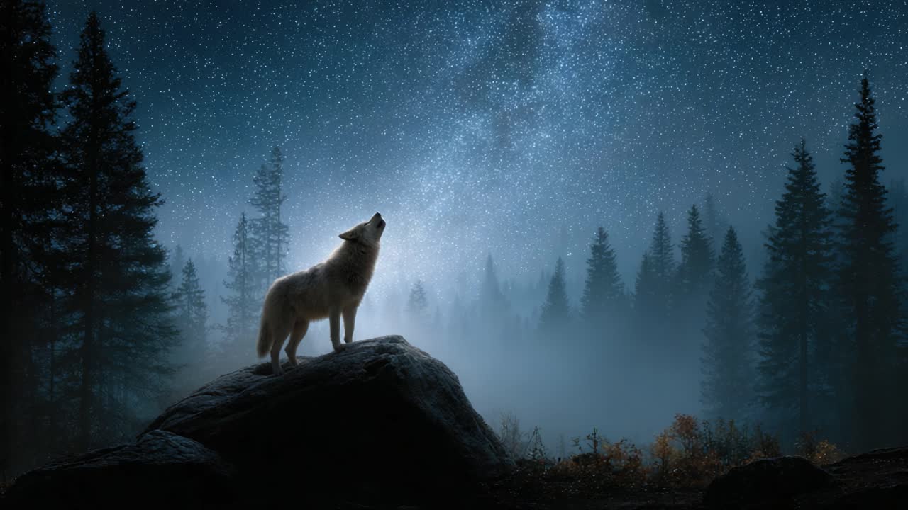 A Majestic Wolf Howling at the Starry Sky Surrounded by Misty Pines, Capturing the Essence of Nature's Beauty and Wild Spirit in a Nocturnal Landscape