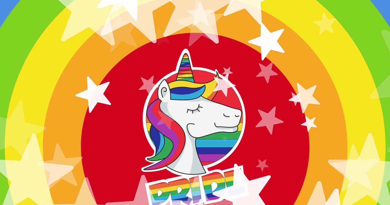 Animation of stars, pride lgbtq text and unicorn over rainbow background