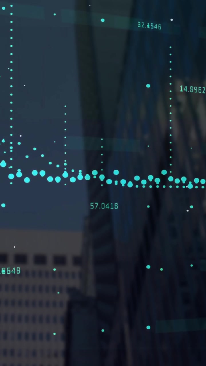 Animation of financial data processing over cityscape