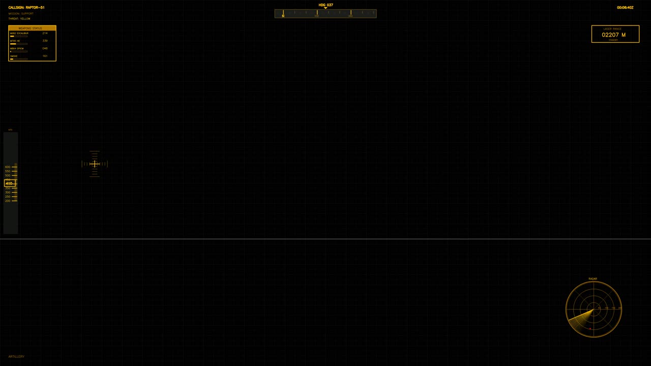 A military graphical user interface is shown with stock animation featuring a radar display. The animation includes various elements for science fiction use, set against a dark background