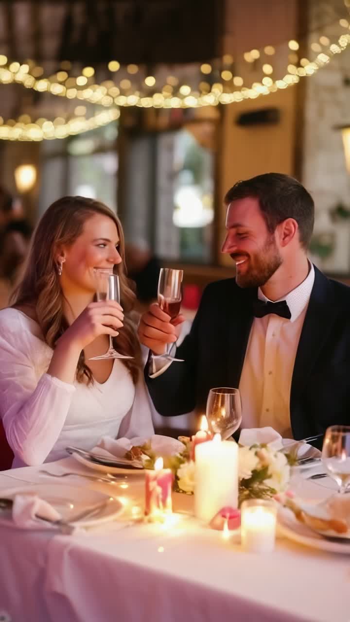Coppia felice che brinda in un ristorante per celebrare San Valentino.