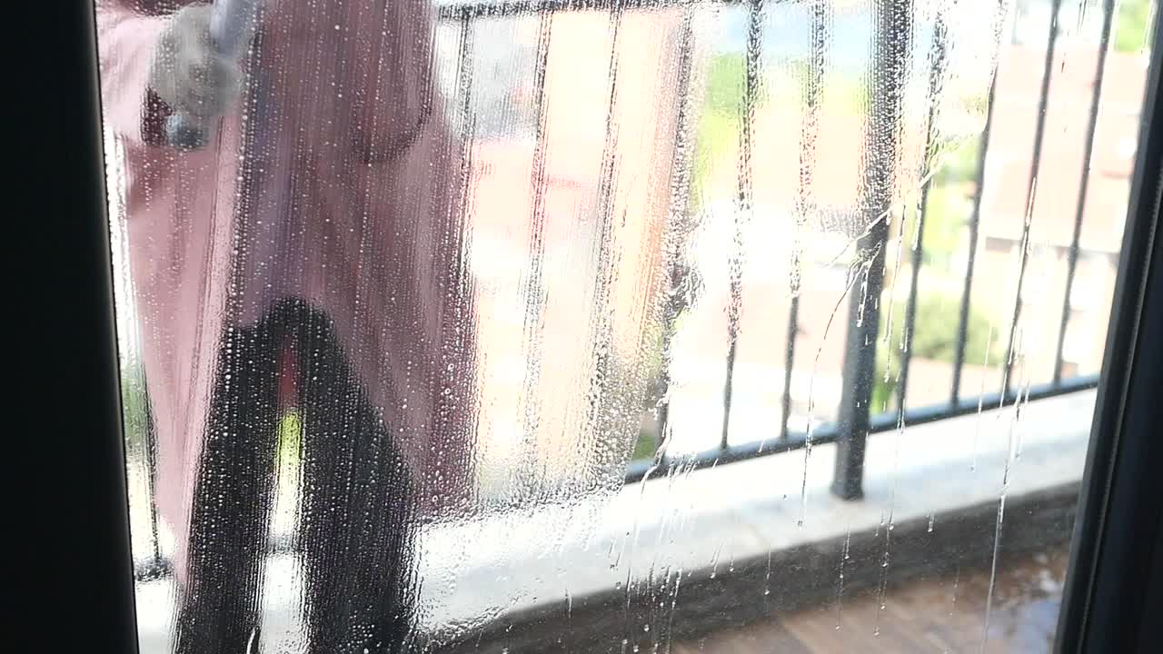 여자 는 스키기 로 창 을 청소 하고 있다