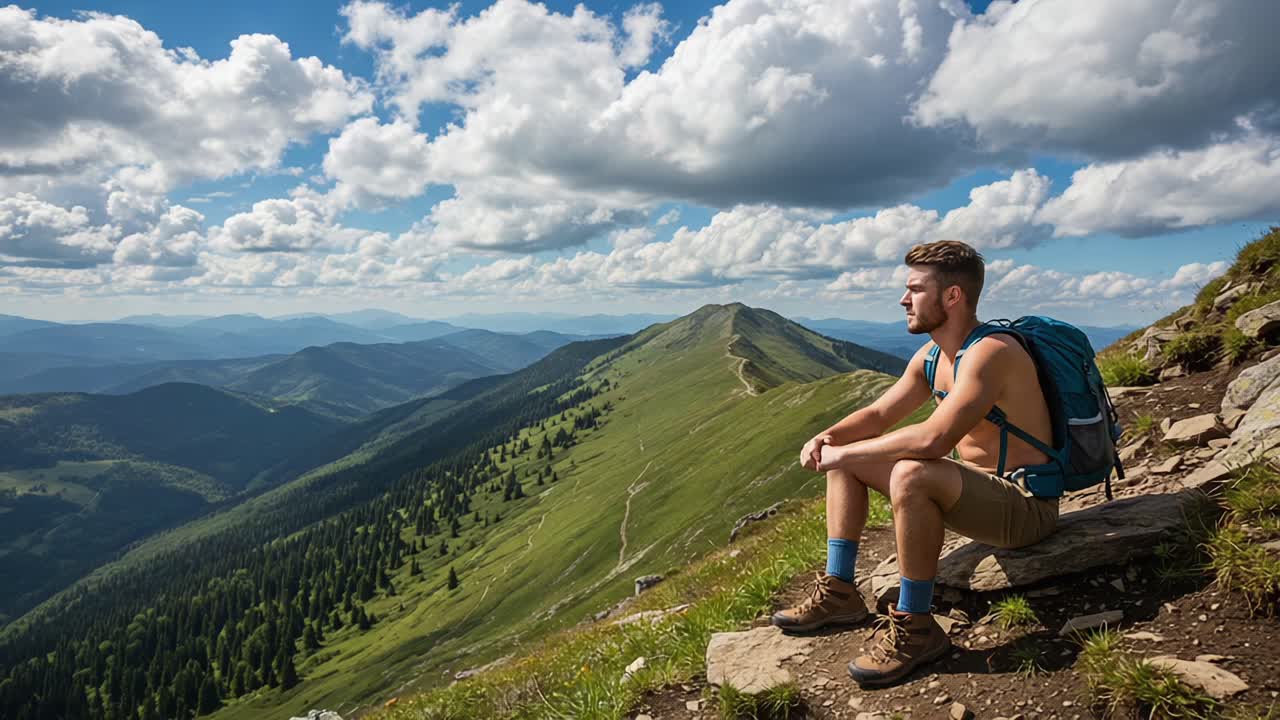 A Moment of Reflection: A Hiker Pausing on a Scenic Mountain Overlook Surrounded by Breathtaking Landscapes and Dramatic Clouds