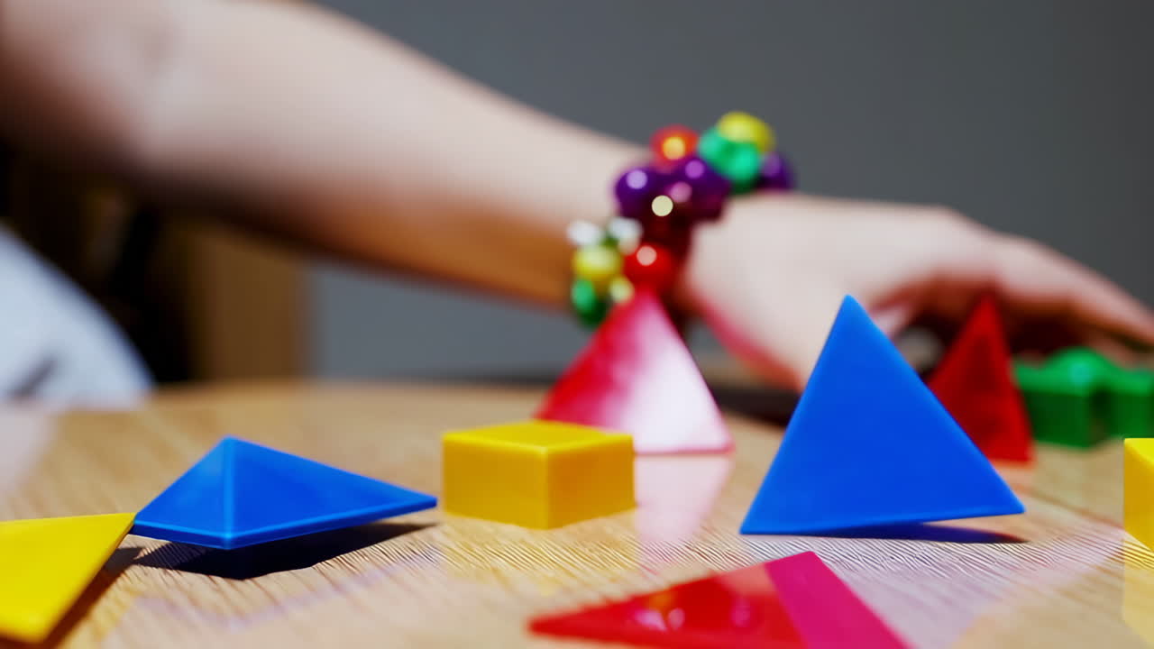 Child's hand playing with colorful geometric shapes