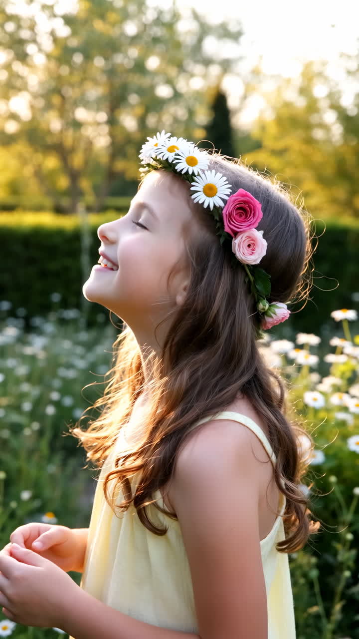 Happy Girl with Flower Crown in a Sunny Field of Daisies