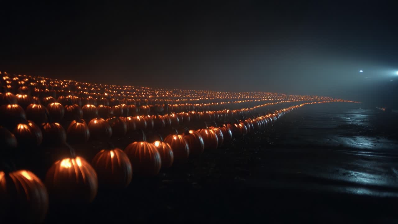 Enchanted Night: A Mesmerizing Display of Illuminated Pumpkins Shining Brightly Against the Dark Fog, Creating a Magical Atmosphere of Autumn Mystery and Celebration