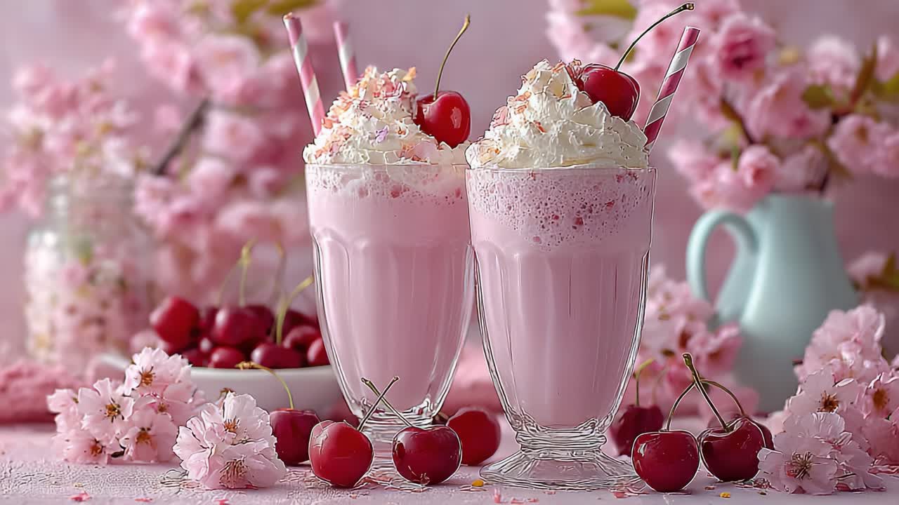 Concedetevi una Deliziosa Esperienza con un Milkshake Rosa alle Ciliegie Circondato da Fiori in Boccio e Ciliegie Fresche, Perfetto per Dolcetti Rinfrescanti in una Giornata di Sole