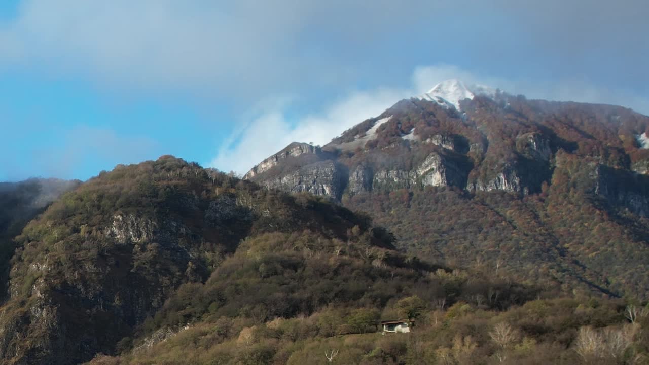 Dramatic aerial view of the Italian Alps showcasing autumn colors