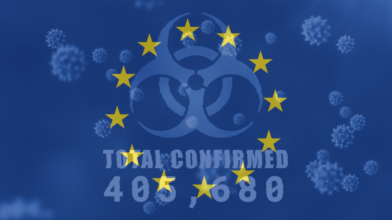 vídeo compuesto digital de la señal de peligro con el número total confirmado que se eleva contra la bandera de la ue