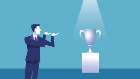 elegante hombre de negocios trabajador con trofeo copa premio