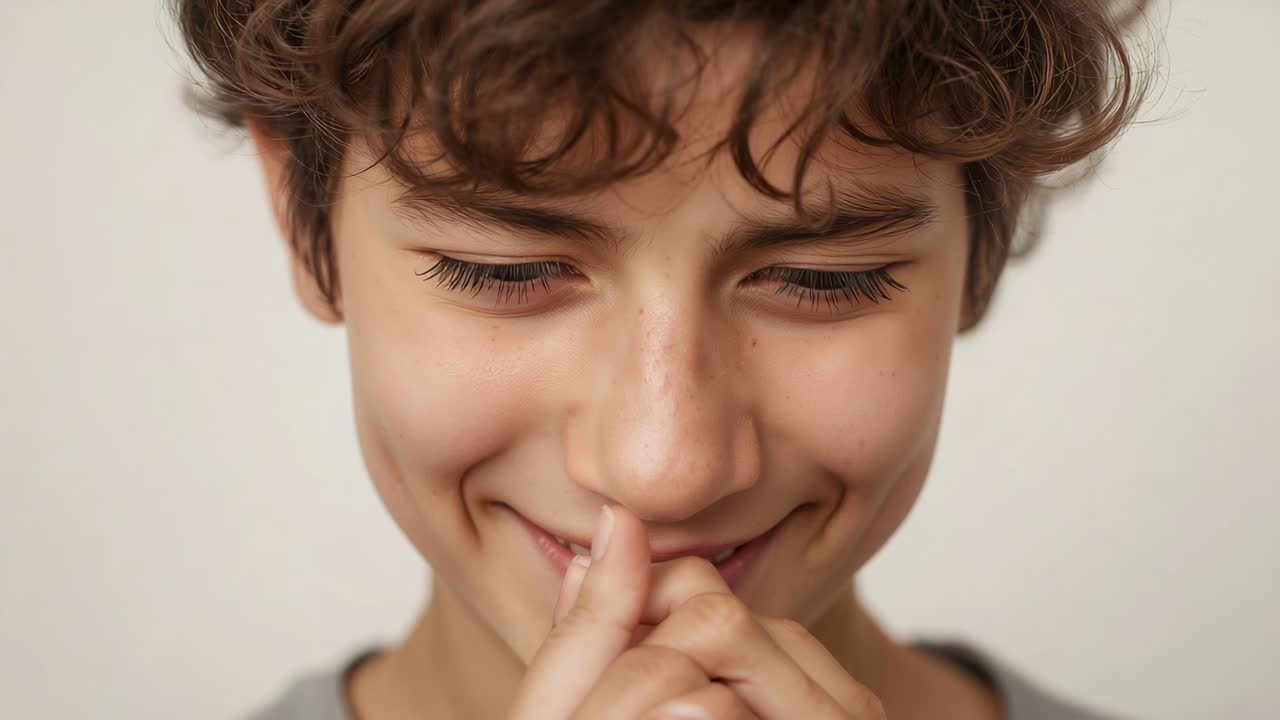 Dita abbassate, ragazzo adolescente che alza la testa e rivela un sorriso tranquillo in studio con una maglietta grigia