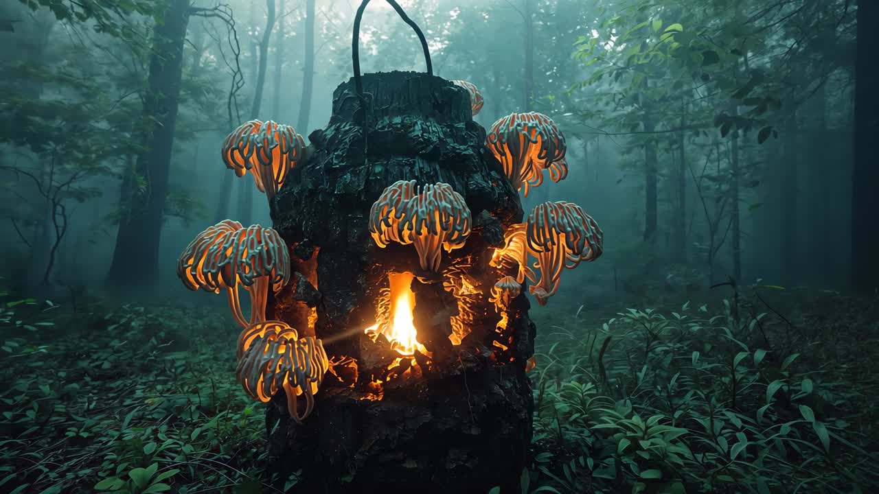 Pulling back, camera showing stump cavity with embers glowing, fungi pulsing, metal loop in woods