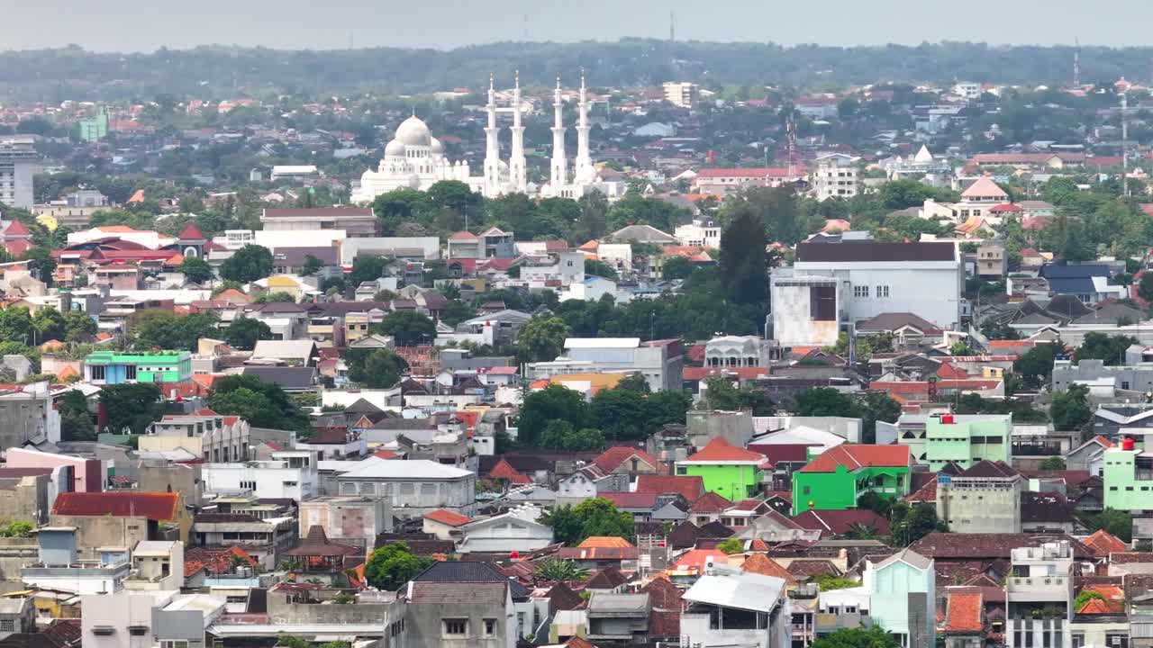 Solo in Surakarta with city landmarks, densely populated Indonesian city. Drone landscape