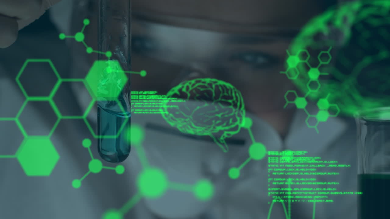 animación de cerebro digital, moléculas y procesamiento de datos sobre científico caucásico en el laboratorio
