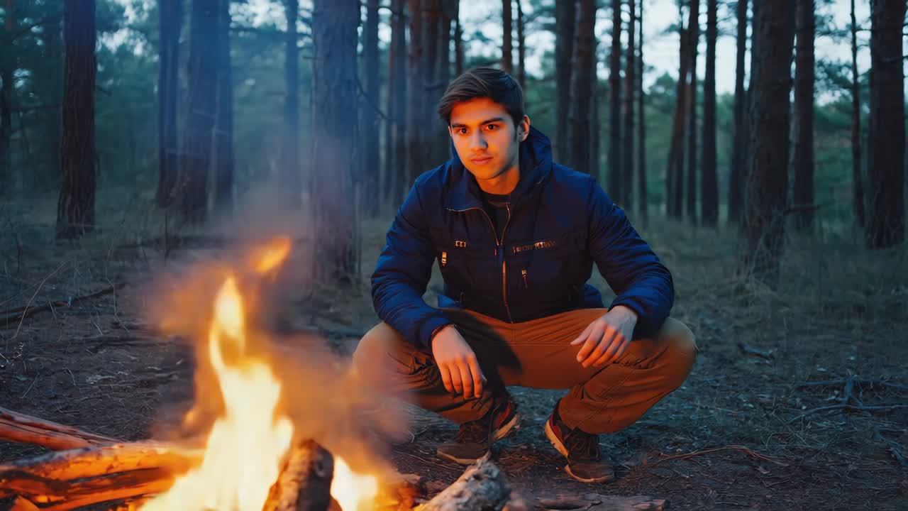 Man crouching by a campfire in the forest