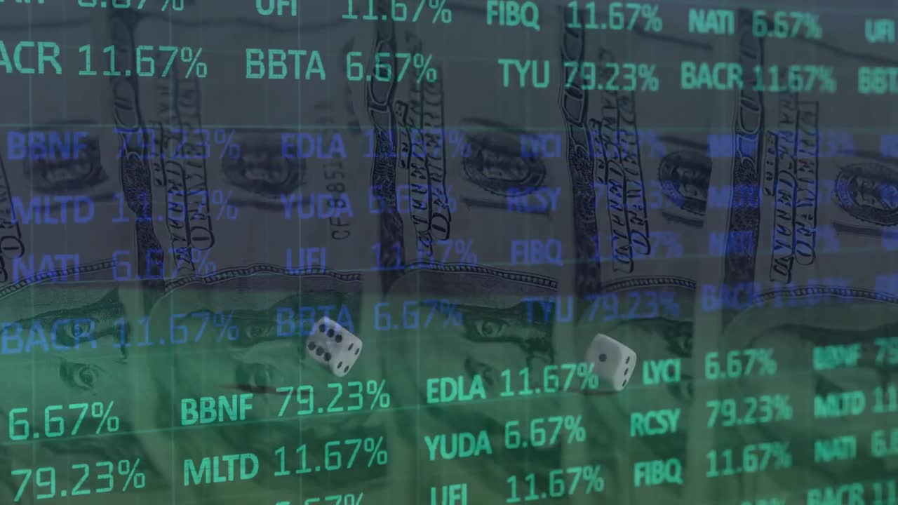 Animazione di elaborazione dati finanziari su due dadi e banconote di dollari americani su sfondo verde
