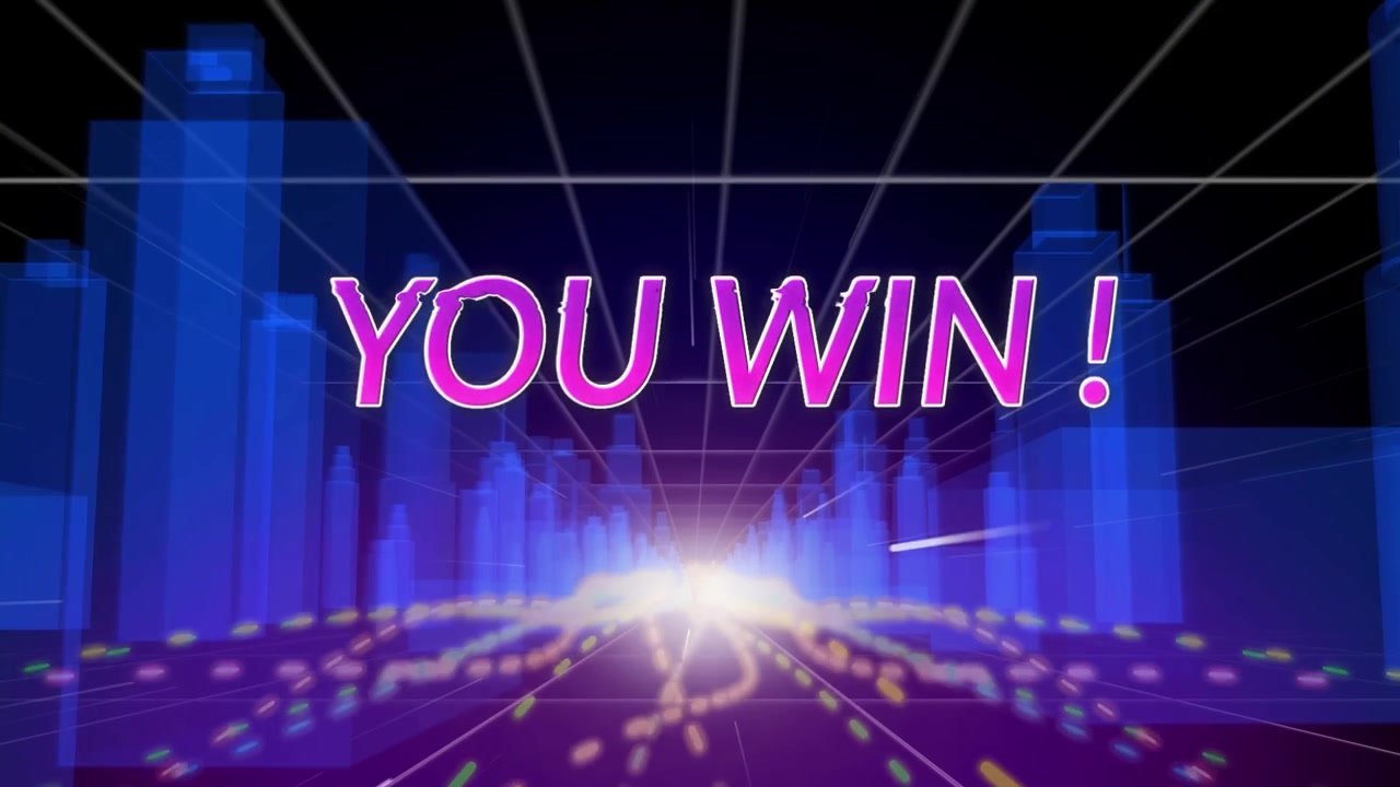 Animation of you win text over light trails and cityscape on black background
