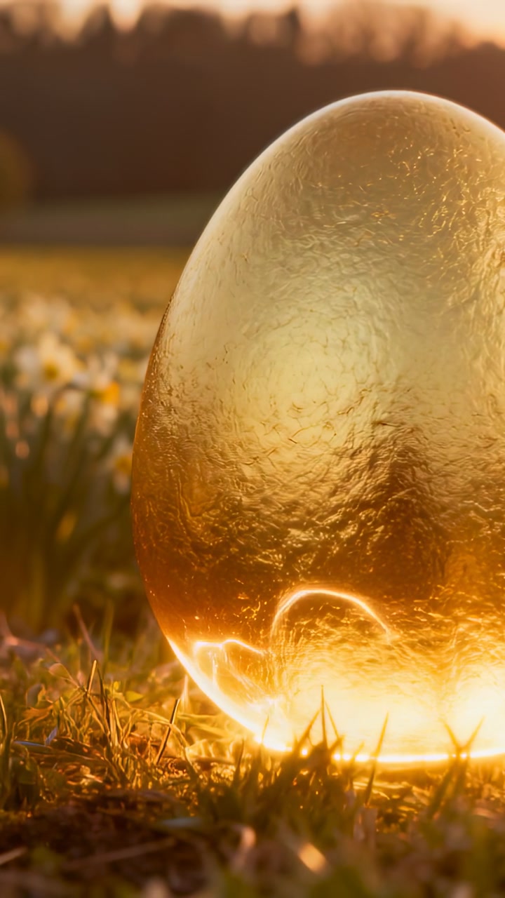 Vertical video: Base glow sparking golden egg cracking light arcs across grass at sunset, flowers