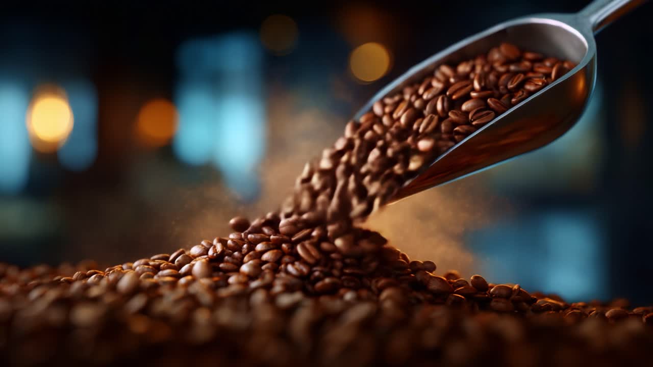Una vista ravvicinata di chicchi di caffè appena tostati mentre vengono raccolti, che mostra le ricche texture e i colori vivaci, perfetta per appassionati ed esperti di caffè