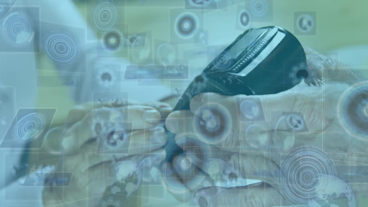 анимация сканирования и обработки данных на экранах над человеком, оплачивающим с помощью терминала