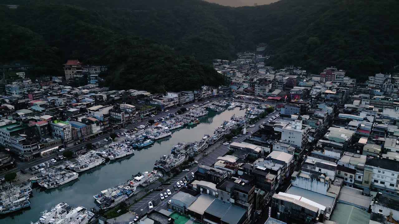 Nanfang'ao Nanfangao Fishing Port Harbor at Sunset 南方澳漁港 Taiwan East Coast Yilan County, Aerial Drone Dolly, Fishing Town surrounded by Mountains
