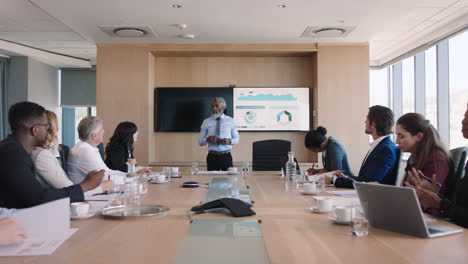 african american businessman presenting financial data on tv screen sharing project with shareholders team leader briefing colleagues discussing ideas in office boardroom presentation