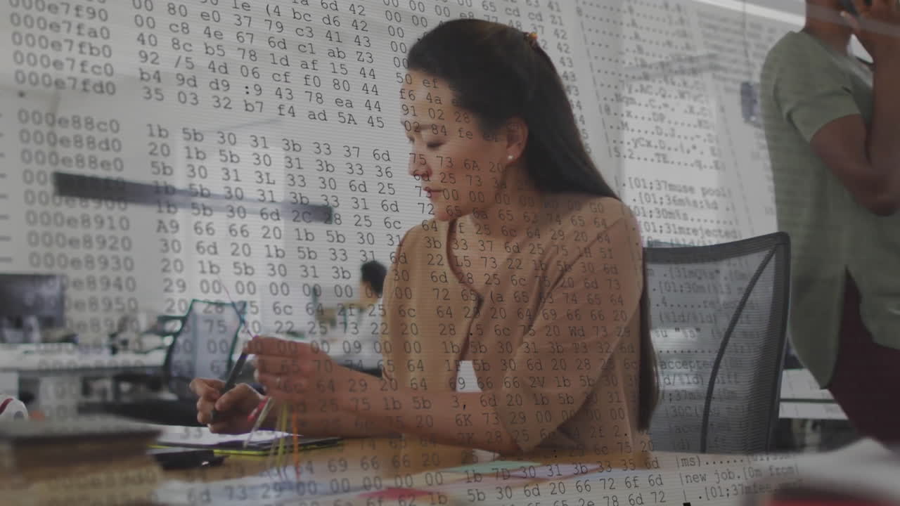 Animation of data processing over biracial businesswoman working in office