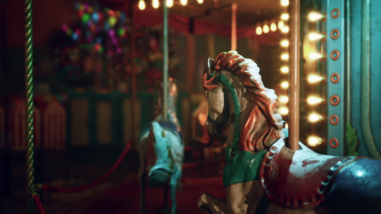 Parque de diversões vazio à noite com carrossel deserto e cavalos vintage