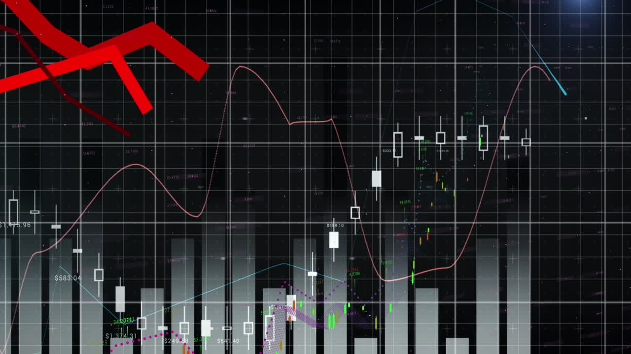 Animation of financial data processing with red lines over grid