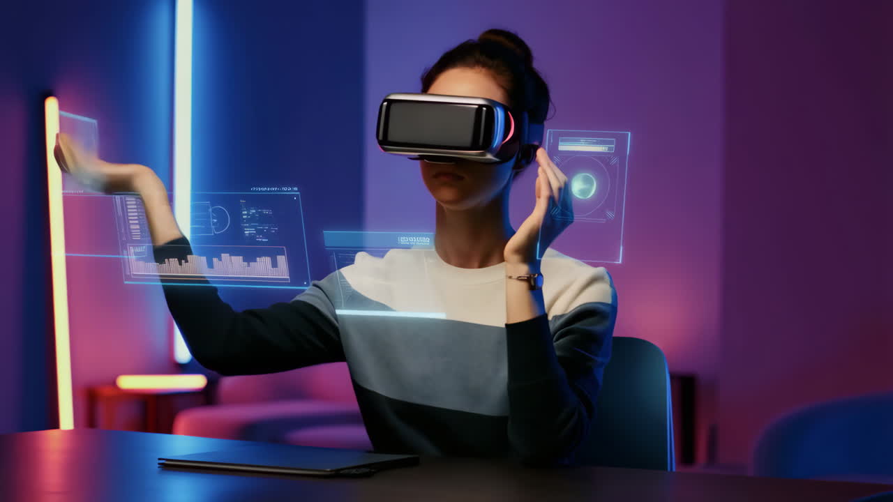 Woman Interacting with Holographic Data in VR Headset