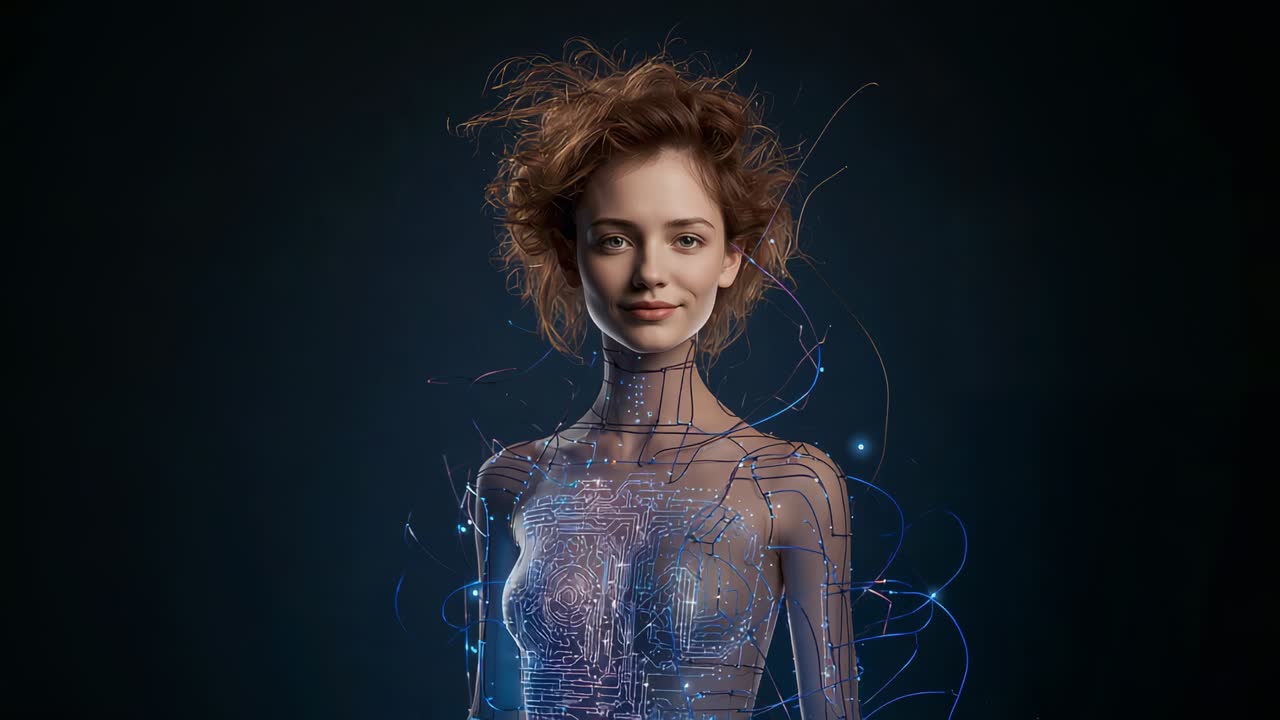 Booting female android lighting circuits and sending blue wires across clear torso on dark backdrop
