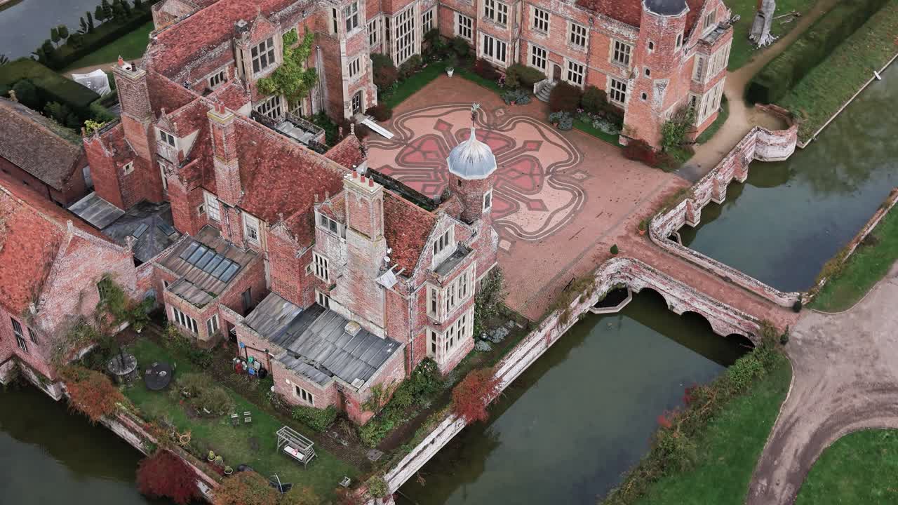 Aerial View Of Kentwell Hall, Moated Tudor Mansion In Long Melford, Suffolk, England, United Kingdom
