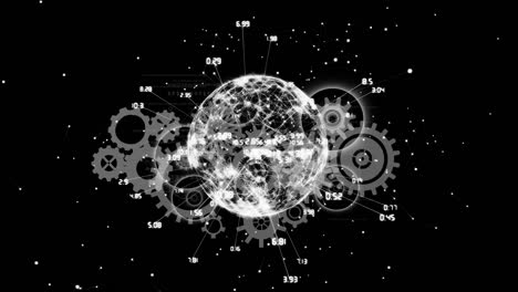 animation of cogs and globe with network of connections on black background