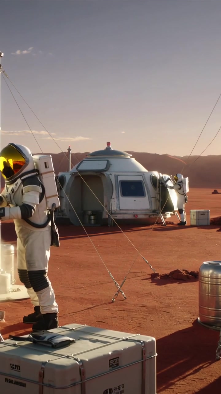 Vertical video: After landing suited astronaut fixing mast by habitat, securing camp, copy space