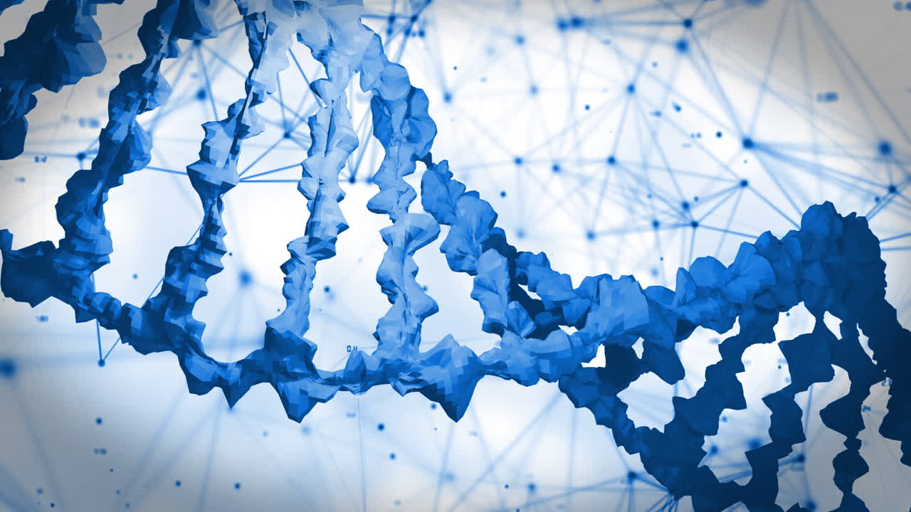 Animazione macro di un filamento di DNA 3D blu in rotazione.