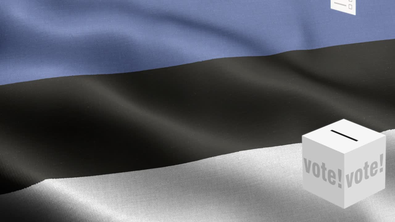 caja de votación delante de la bandera - las papeletas vuelan a la caja para la selección de estonia - elección - voto - bandera de estonia - bandera de estonia alto detalle - bandera nacional estonia patrón de ondas elementos en bucle