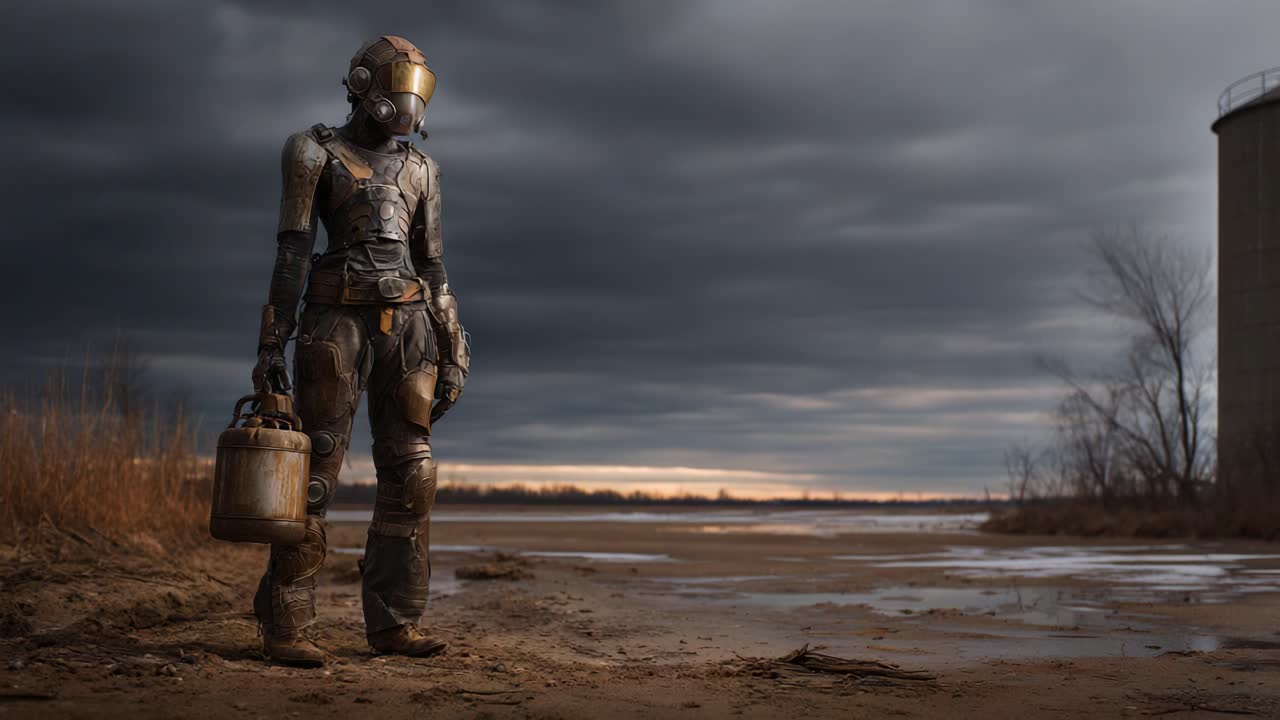 A solitary figure in a weathered suit stands on the shore of a desolate landscape, holding a container under a dramatic sky filled with dark clouds and a hint of light on the horizon