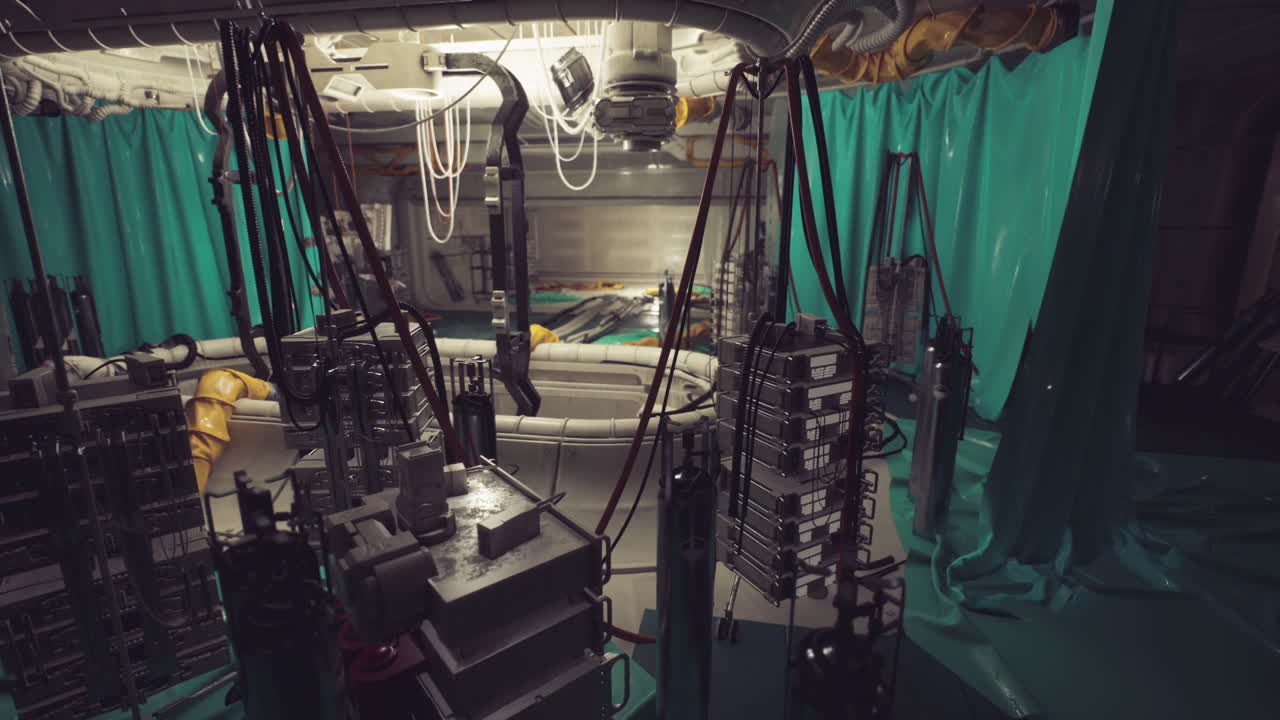 Futuristic lab with advanced tech and a mysterious nighttime vibe