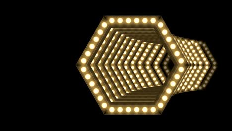 cuadro de caja de bombilla incandescente de túnel forma hexagonal patrón móvil, retro 3d estilo virtual ilustración brillo en fondo oscuro animación de bucle sin costuras 4k, con espacio de copia