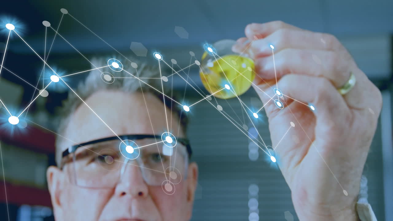 Animation of network of connections over caucasian male scientist working in lab