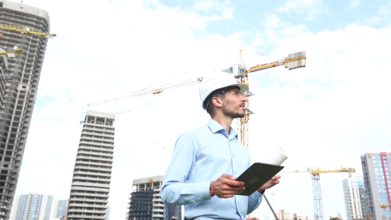 Ingeniero profesional usando una tableta en una obra de construcción urbana